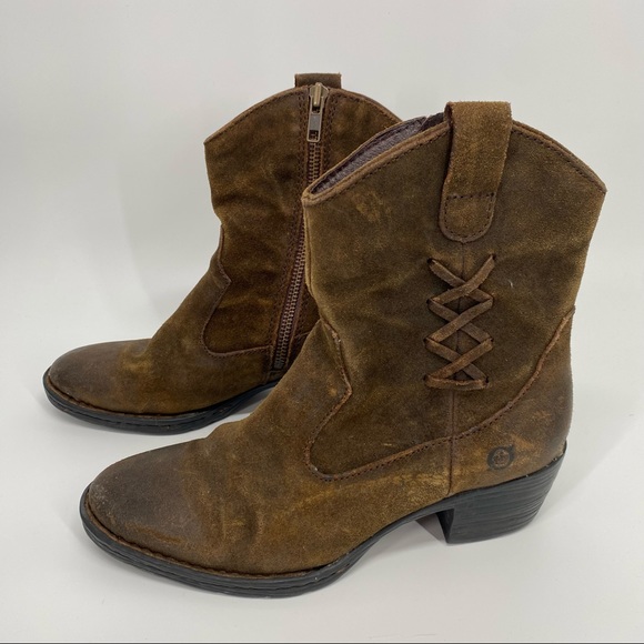 Born Shoes - Born Brown Leather Suede Karin Lace Detail Ankle Boots